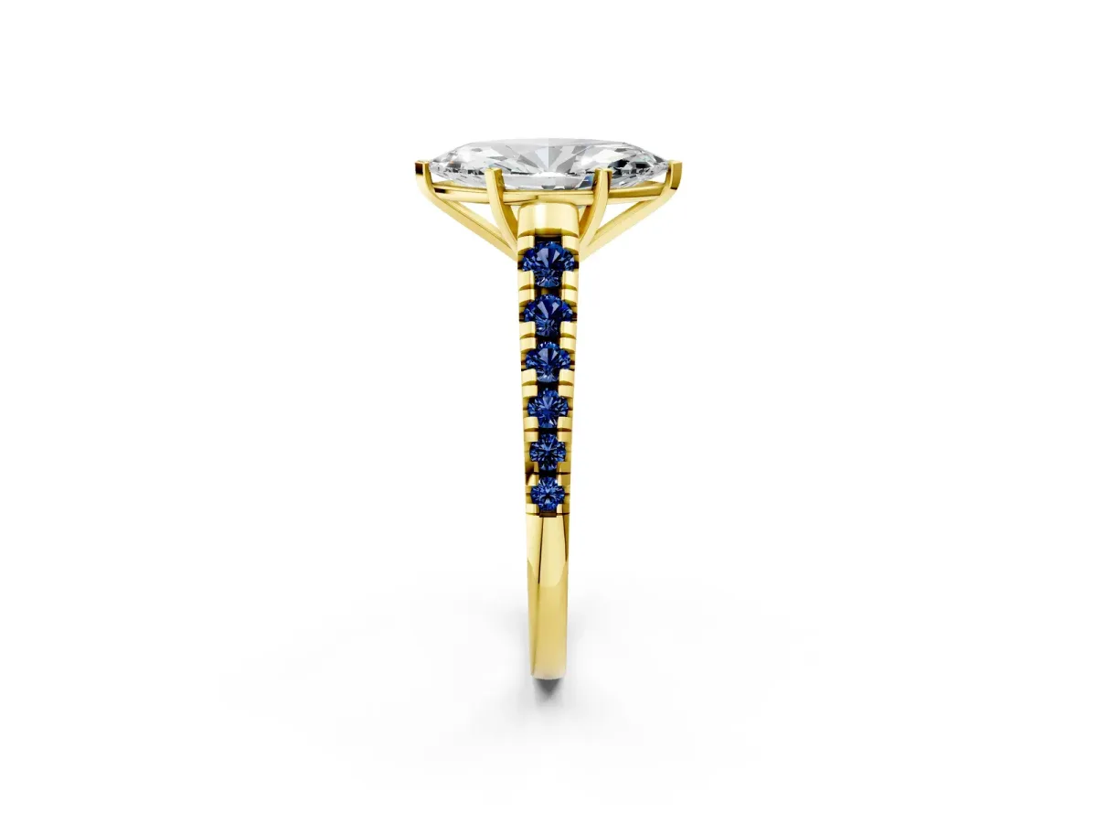 Marquise Cut Diamond Cathedral Solitaire Ring with Round Blue Sapphire Pavé Band Yellow gold
