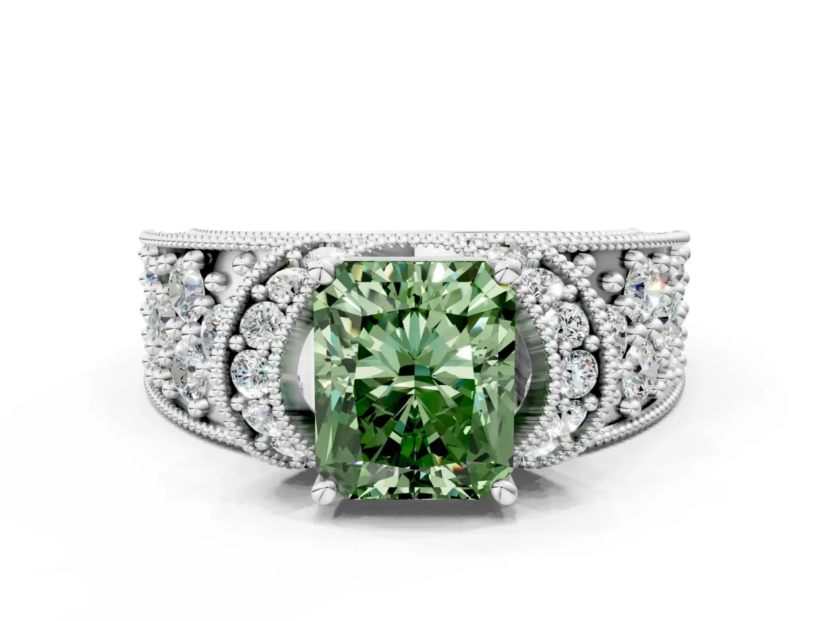 Fancy Green Radiant Cut Halo Pave Diamond Engagement Ring with Milgrain Detailing Platinum
