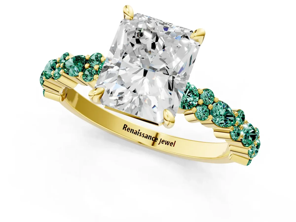 Radiant Cut Diamond Side Stone Solitaire Ring with Round Green Sapphire and Four-Prong Setting Yellow gold