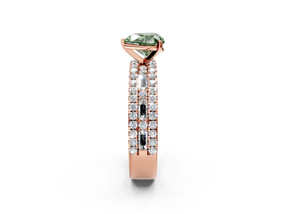 Fancy Green Heart Cut Diamond Solitaire Ring with Pavé and Channel Set Band Rose gold