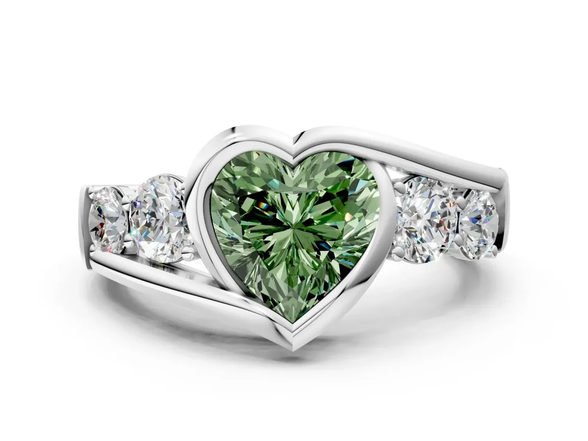 Fancy Green Bezel Set Heart Cut Diamond Bypass Ring with Round Accents Platinum
