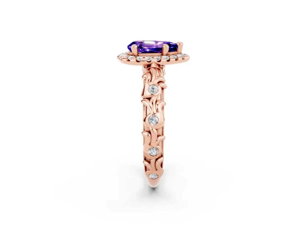 Pear Cut Tanzanite Halo Ring with Filigree Band and Prong Setting Rose gold