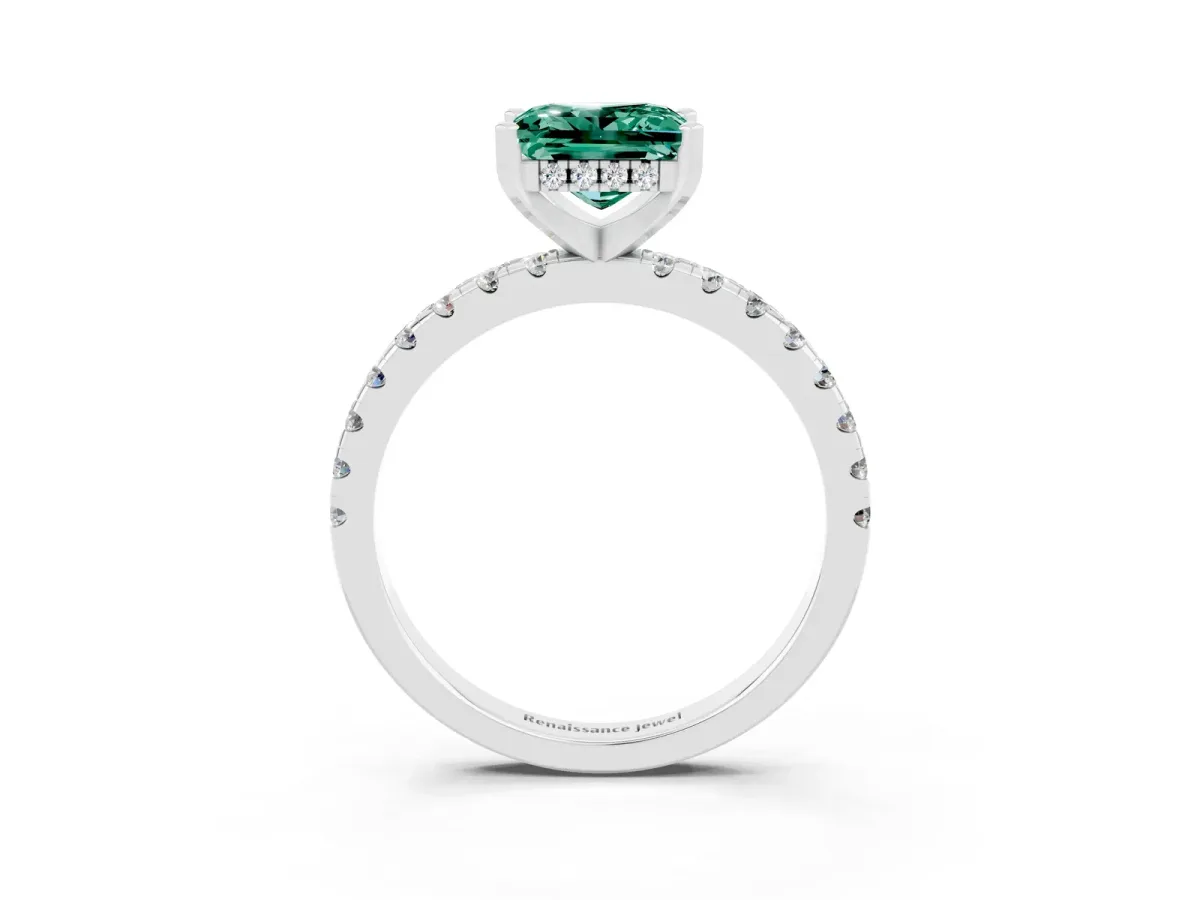 Princess Cut Green Sapphire Solitaire Ring with Round Pavé Band and Four-Prong Setting White gold