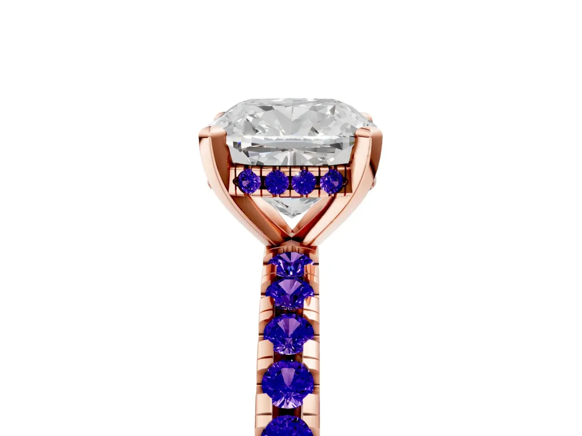Cushion Cut Diamond Solitaire Ring with Round Tanzanite Pavé Band and Four-Prong Setting Rose gold