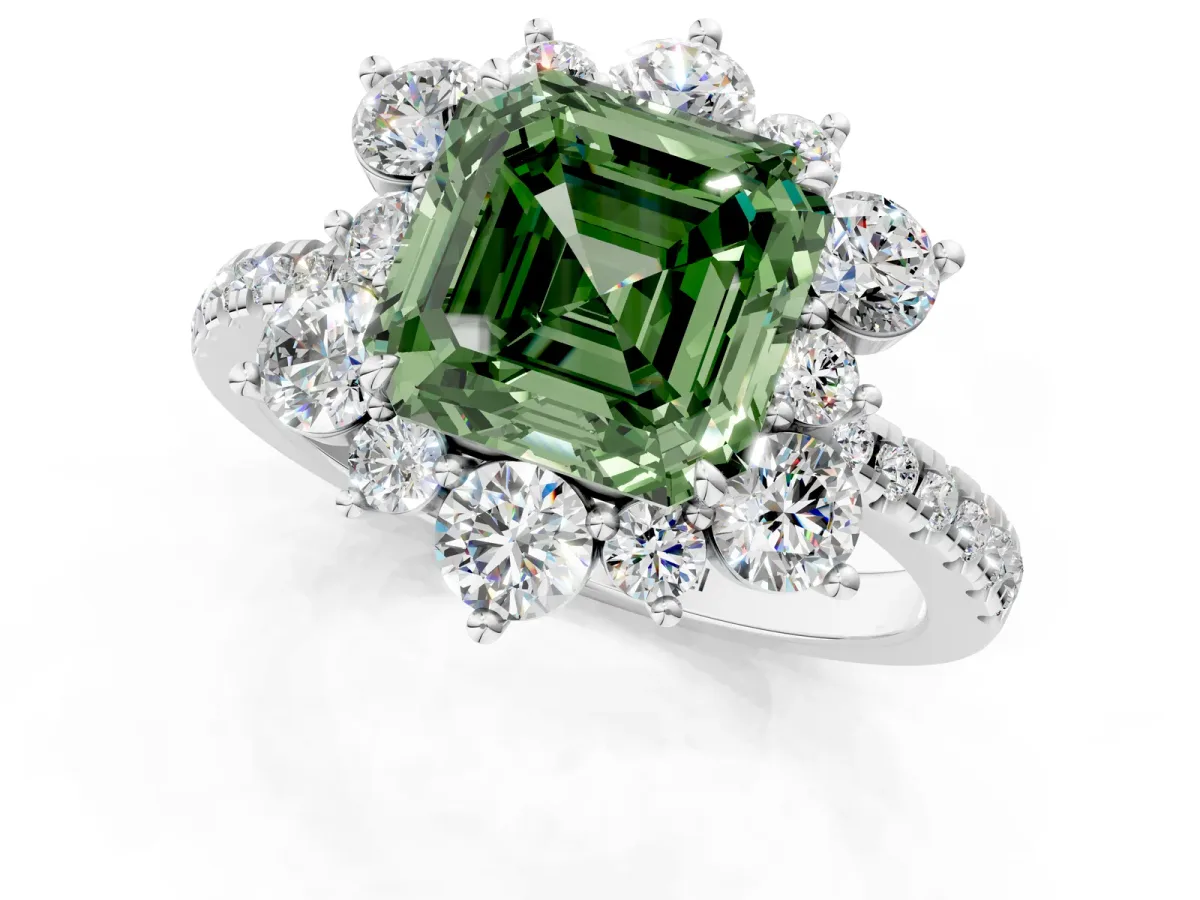 Fancy Green Asscher Cut Diamond Floral Halo Ring with Round Pavé Band and Prong Setting Platinum