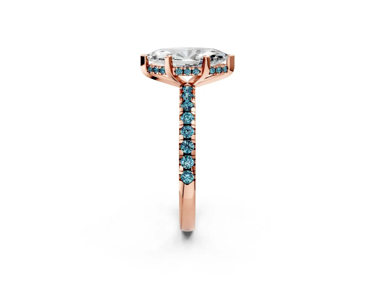 Marquise Cut Diamond Solitaire Ring with Round Blue Topaz Pavé Band and Four-Prong Setting Rose gold