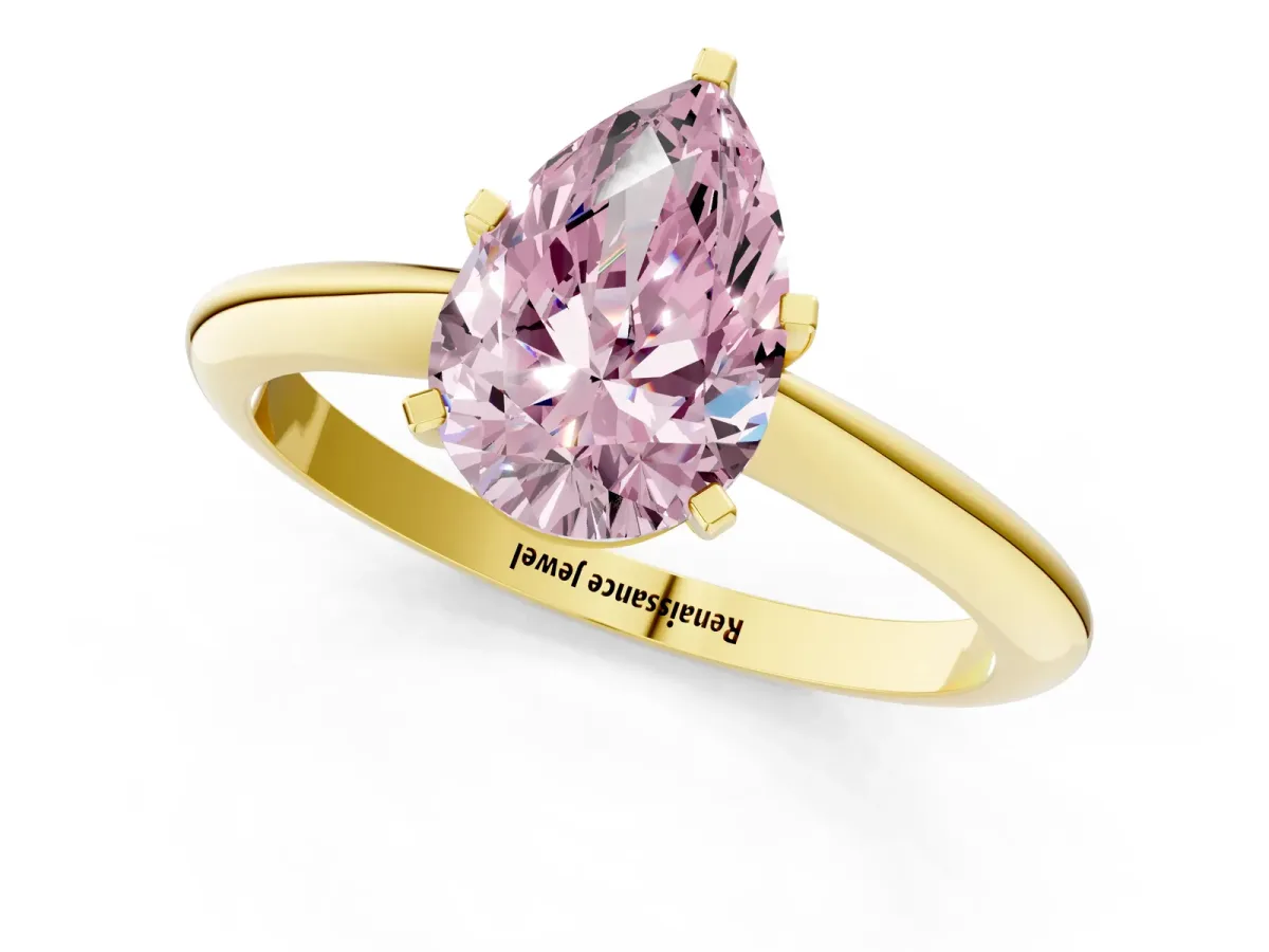 Fancy Pink Pear Cut Diamond Solitaire Engagement Ring with Classic Band and Four-Prong Setting Yellow gold