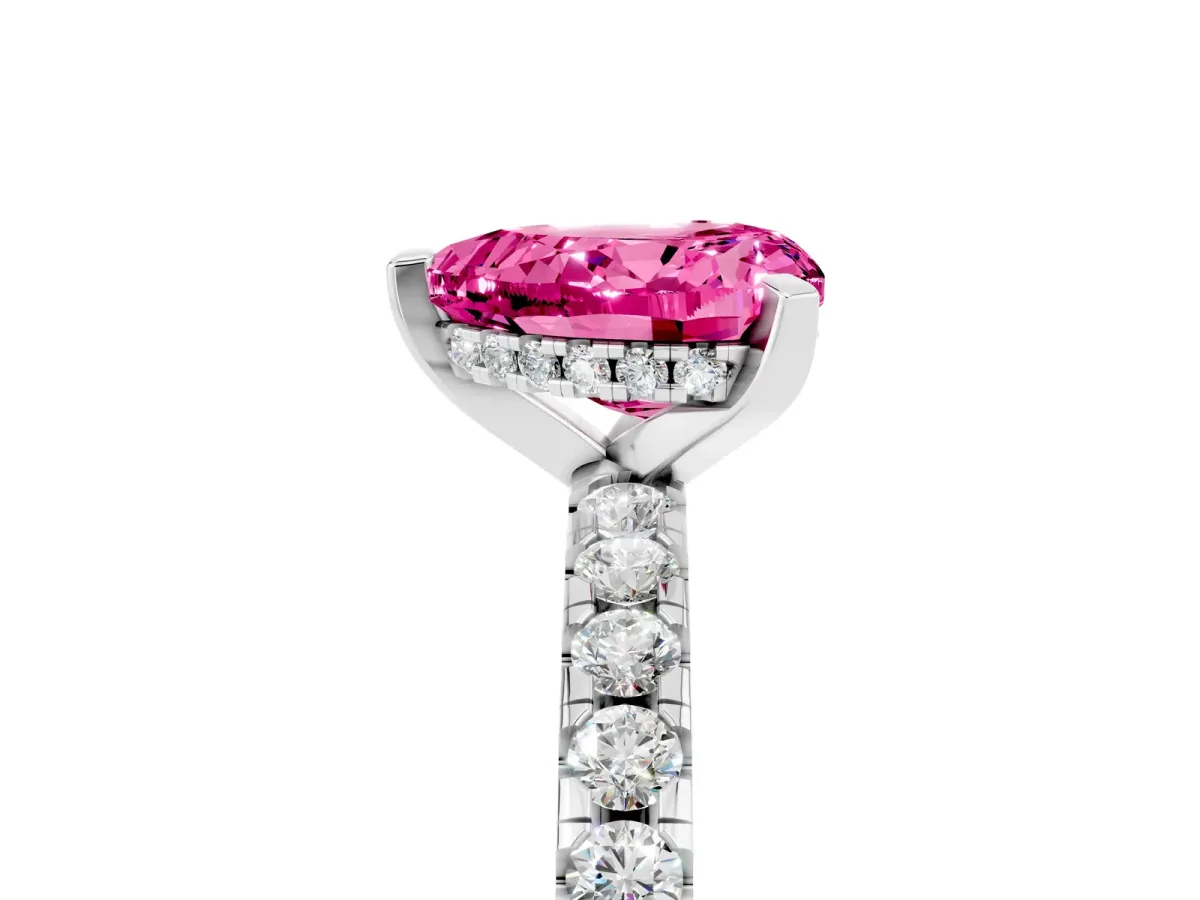 Heart Cut Pink Sapphire Solitaire Ring with Round Pavé Band and Four-Prong Setting White gold