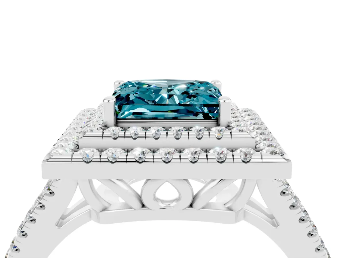 Princess Cut Blue Topaz Double Halo Ring with Pavé Band and Prong Setting White gold