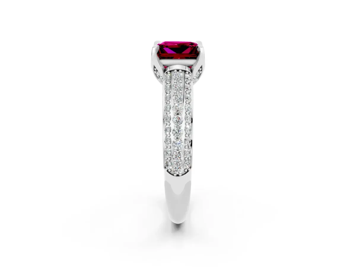 Princess Cut Garnet Solitaire Ring with Three-Row Pavé Band and Four-Prong Setting Platinum