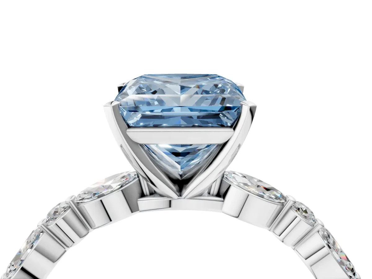 Fancy Blue Princess Cut Diamond Ring with Marquise and Round Side Stones and Four-Prong Setting White gold
