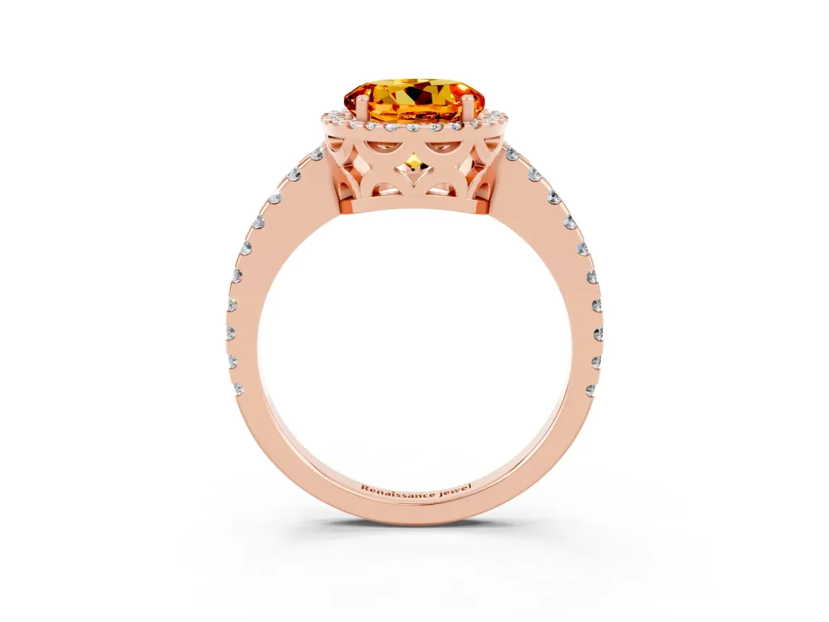 Round Cut Citrine Halo Engagement Ring with Pavé Band and Prong Setting Rose gold