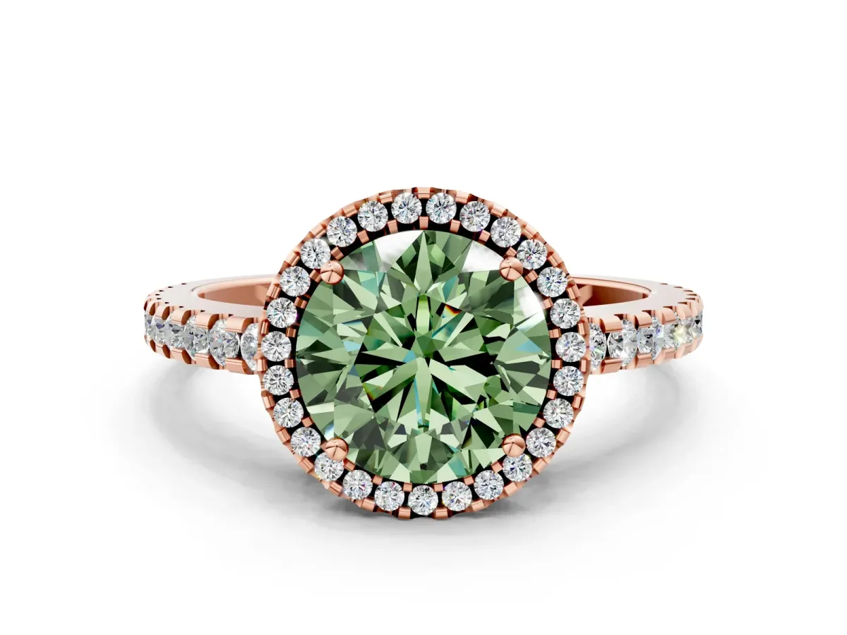 Fancy Green Round Cut Diamond Halo Engagement Ring with Pavé Band and Prong Setting Rose gold