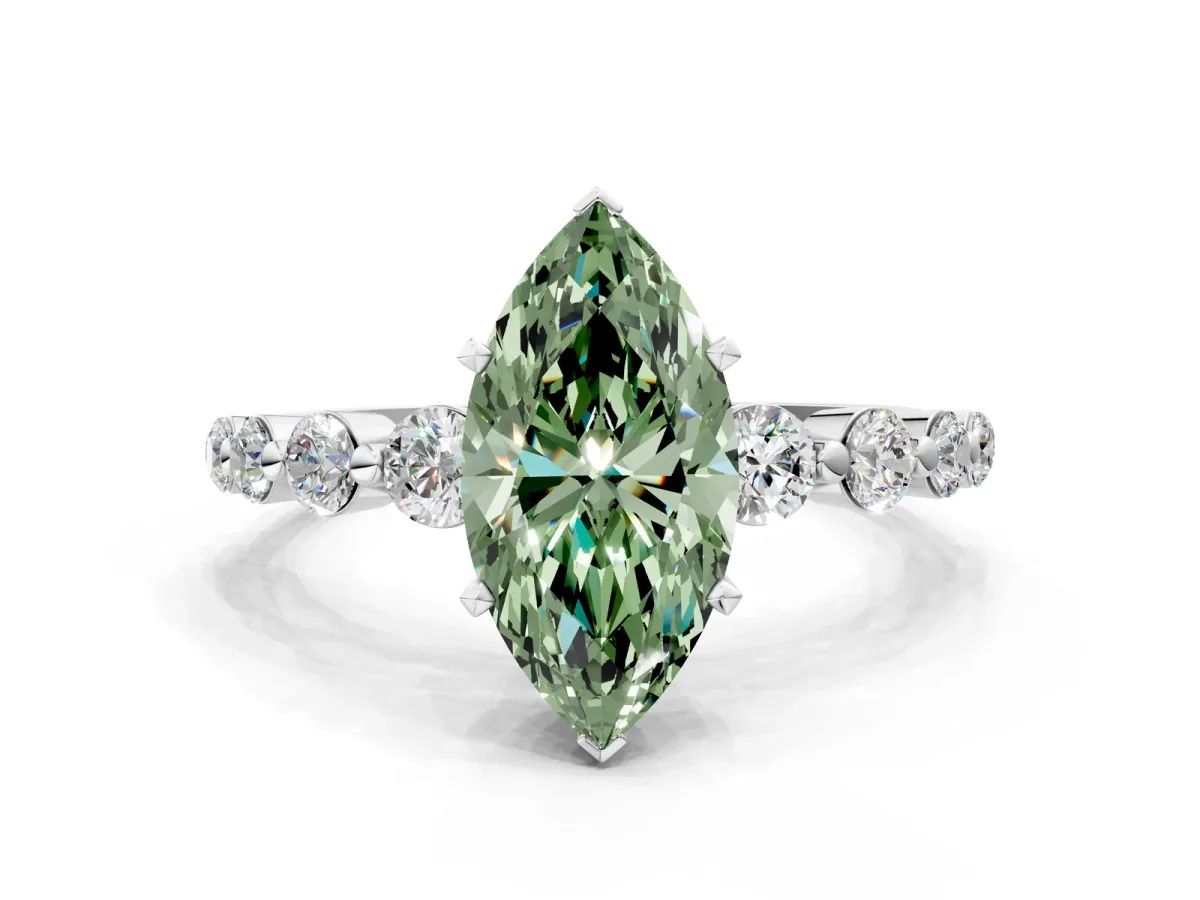 Fancy Green Marquise Cut Solitaire Diamond Ring with Pave Band and Four-Prong Setting Silver