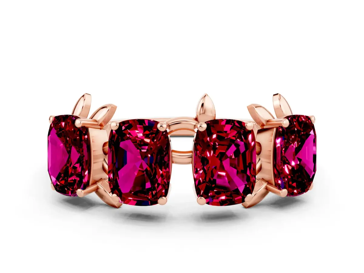 Four-Stone Elongated Cushion Garnet Band with Nature-Inspired Prong Setting Rose gold