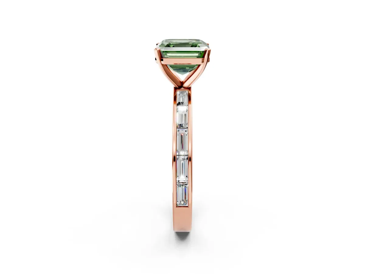 Fancy Green Asscher Cut Solitaire Diamond Ring with Channel-Set Baguette Band and Four-Prong Setting Rose gold