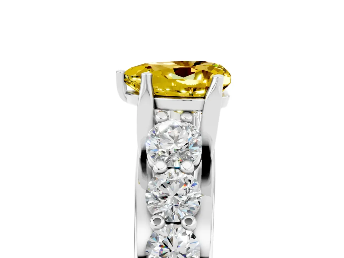 Heart Cut Yellow Sapphire Engagement Ring with Pavé Band and Four-Prong Setting White gold