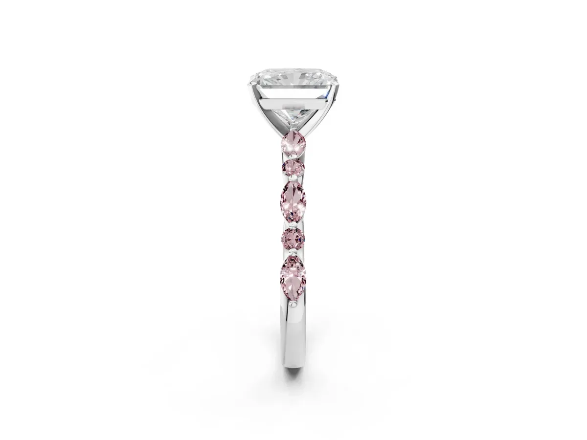 Radiant Cut Diamond Ring with Marquise and Round Morganite Side Stones and Four-Prong Setting White gold