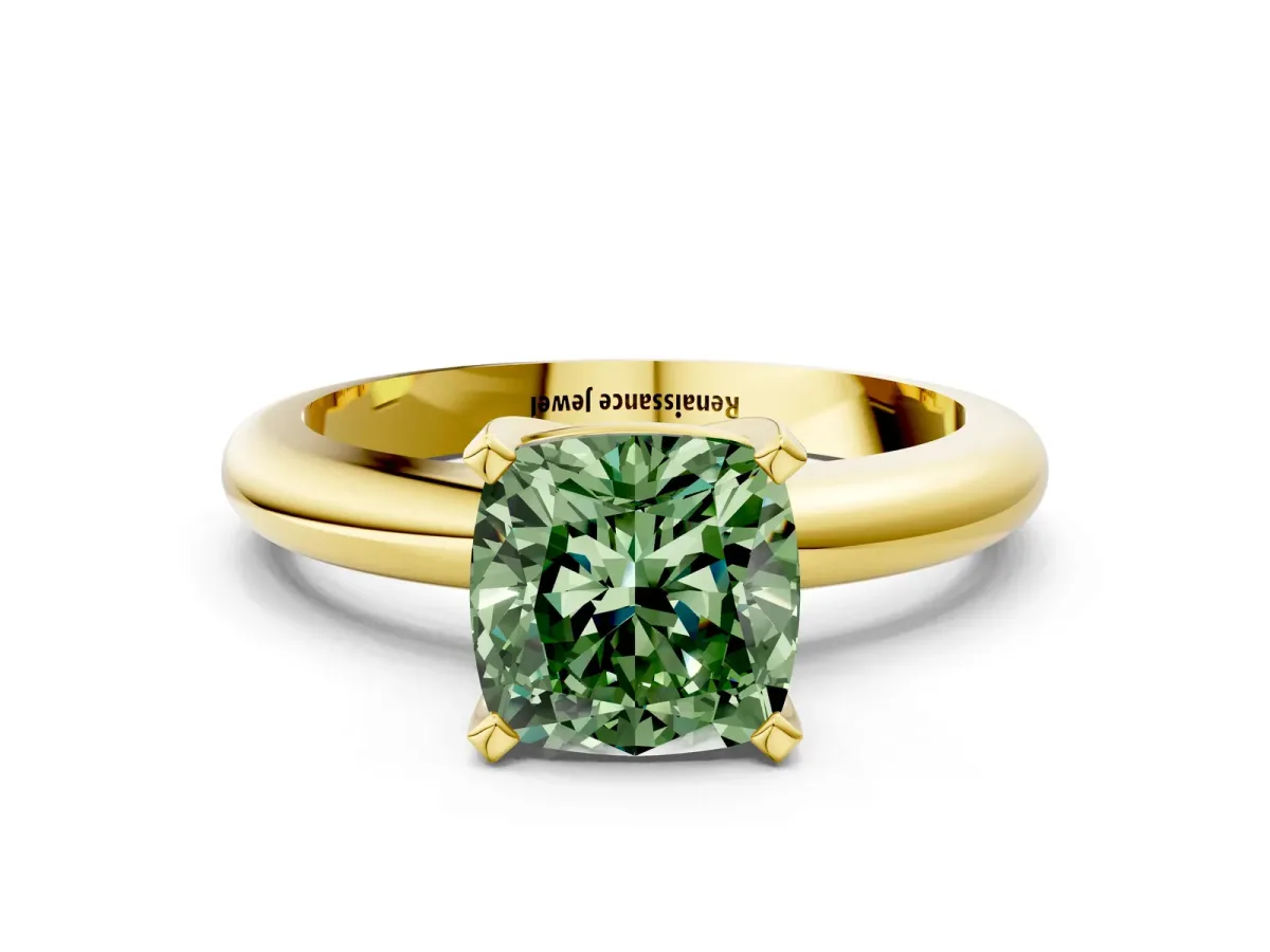 Fancy Green Cushion Cut Diamond Solitaire Engagement Ring with Round Band and Four-Prong Setting Yellow gold