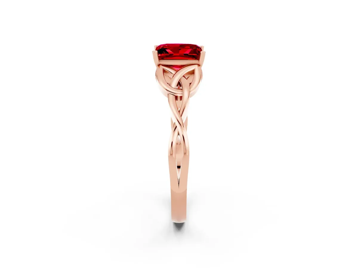 Princess Cut Ruby Solitaire Celtic Knot Ring with Four-Prong Setting Rose gold
