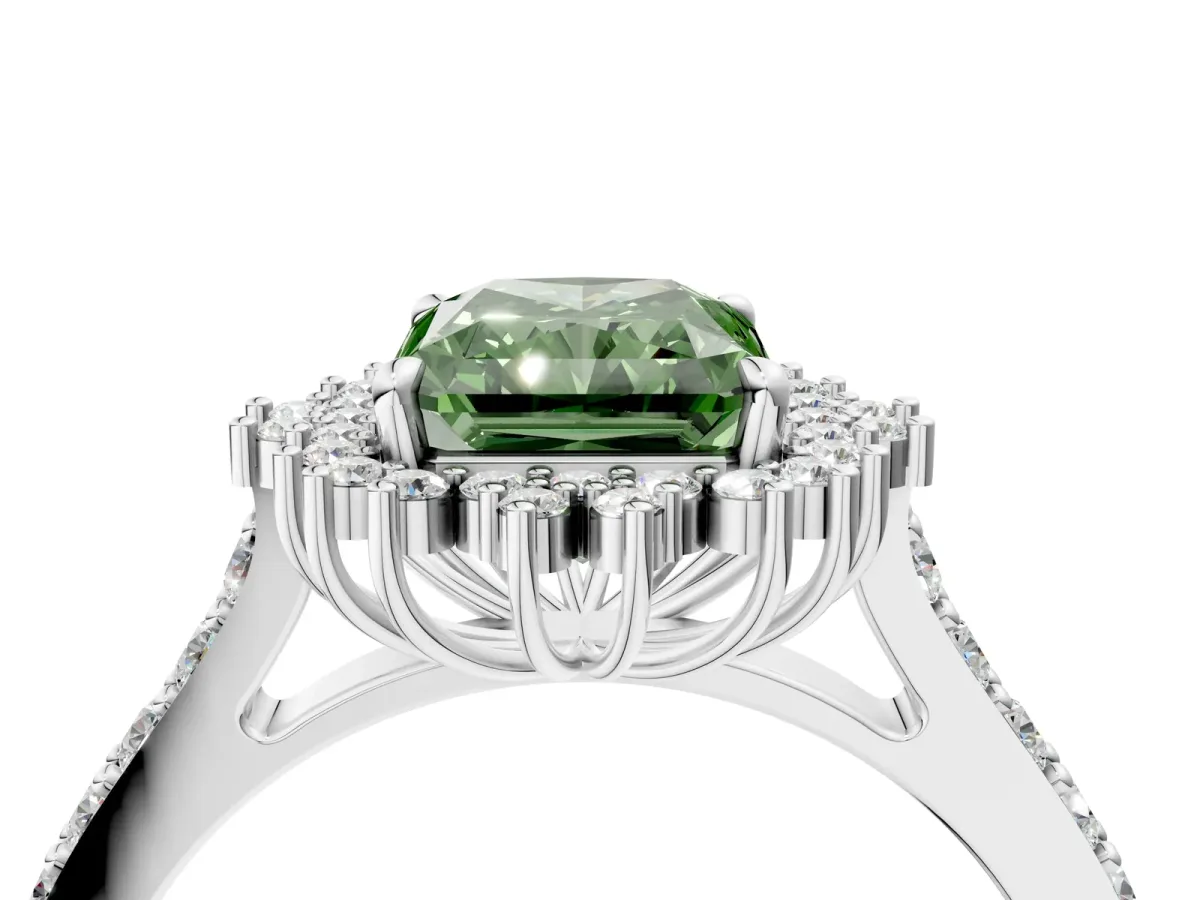 Fancy Green Radiant Cut Cut Diamond Sunburst Halo Engagement Ring with Pavé Band Platinum
