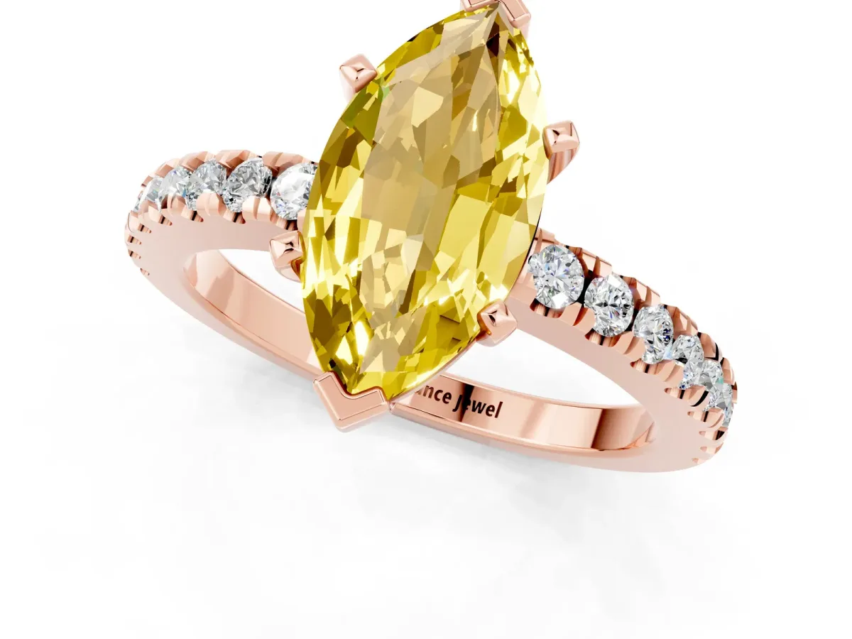 Marquise Cut Solitaire Yellow Sapphire with Pavé Band and Four-Prong Setting Rose gold