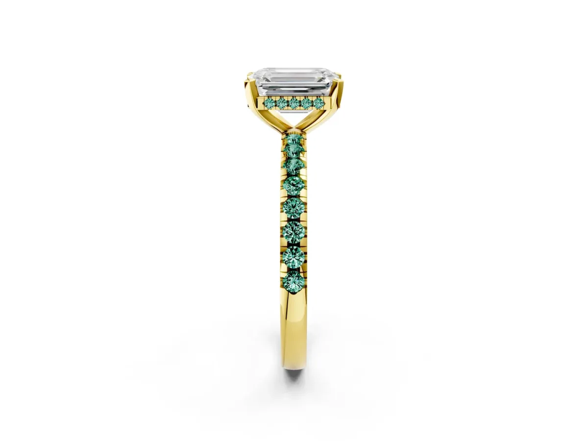 Emerald Cut Diamond Solitaire Ring with Round Green Sapphire Pavé Band and Four-Prong Setting Yellow gold