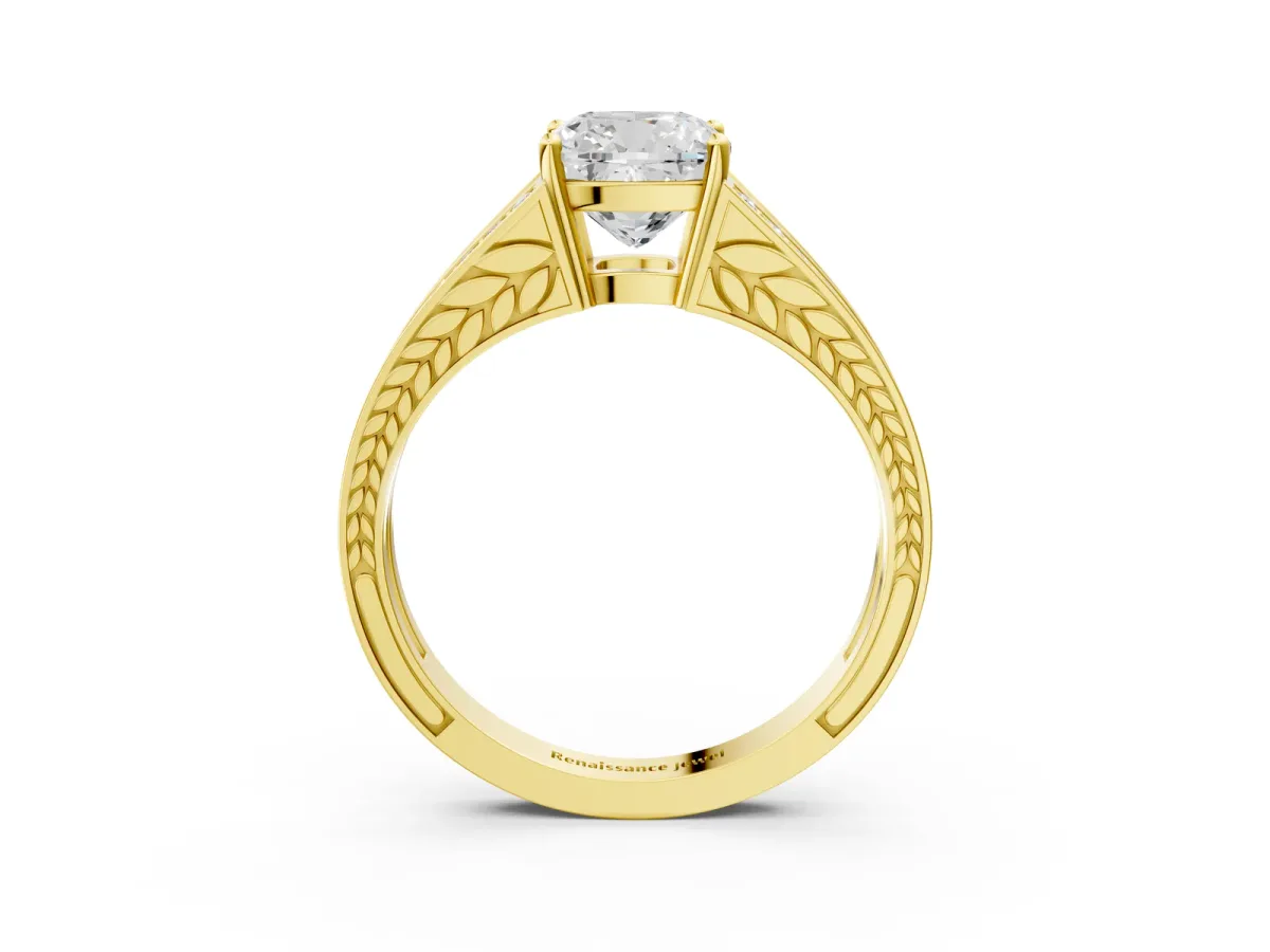 Cushion Cut Diamond Split Shank Ring with Pavé Band and Four-Prong Setting Yellow gold