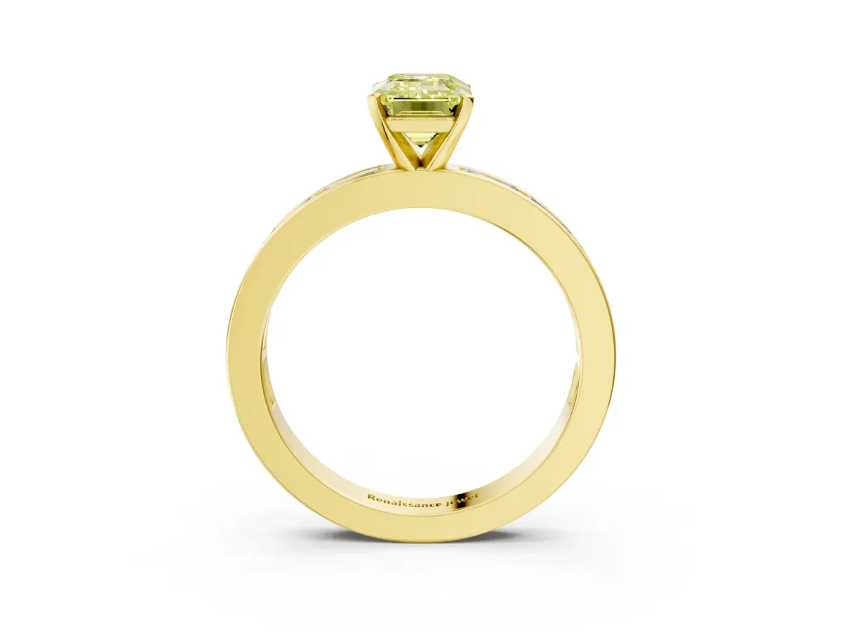 Fancy Yellow Emerald Cut Solitaire Diamond Ring with Channel-Set Baguette Band and Four-Prong Setting Yellow gold