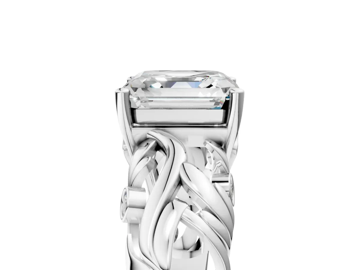 Asscher Cut Solitaire Diamond Leaf-Inspired Vine Band Ring with Prong Setting Platinum