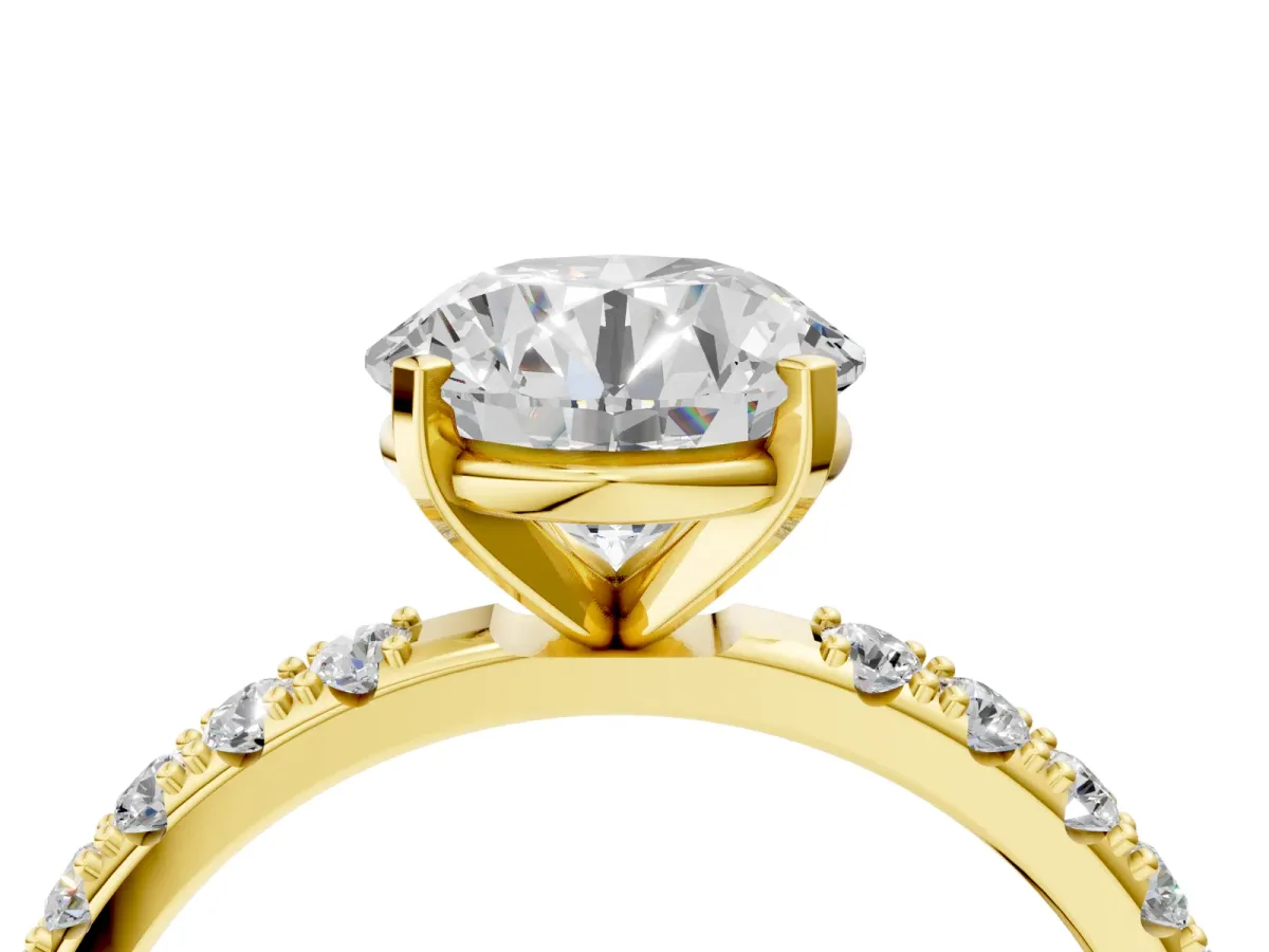 Round Cut Diamond Solitaire Pavé Band with Four-Prong Setting Yellow gold