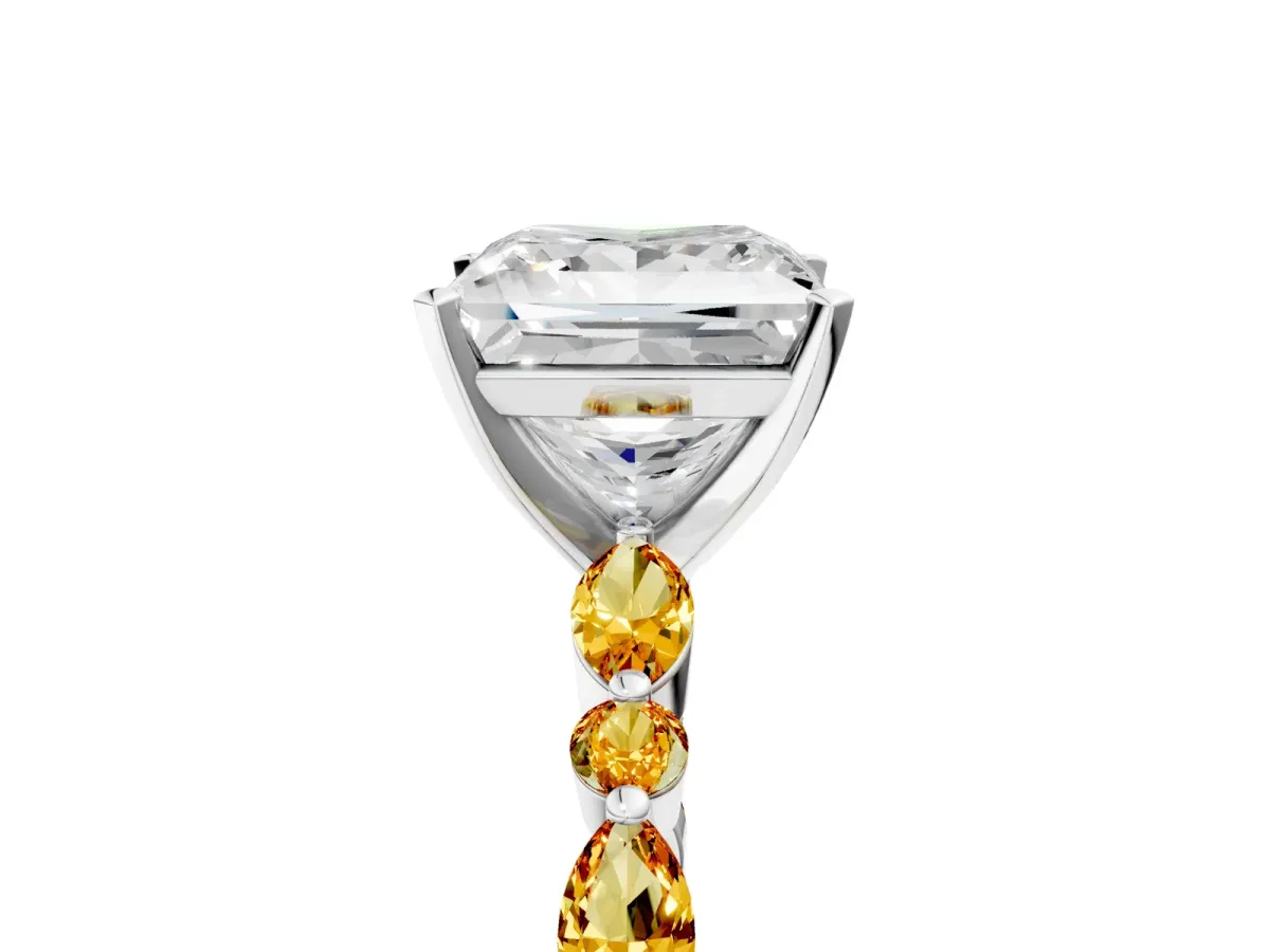 Princess Cut Diamond Ring with Marquise and Round Citrine Side Stones and Four-Prong Setting White gold