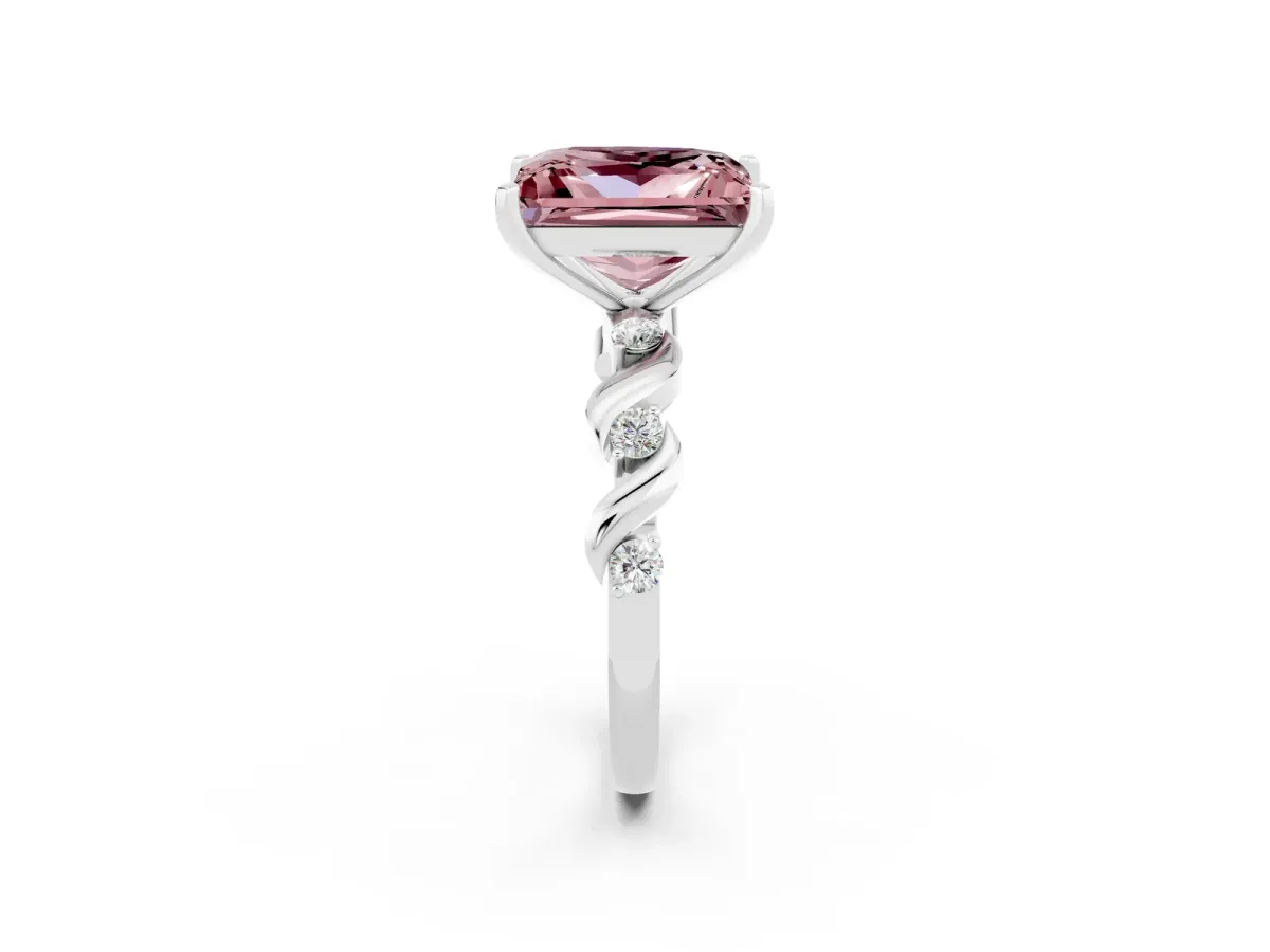 Princess Cut Morganite Solitaire Twisted Band with Round Accents and Prong Setting White gold