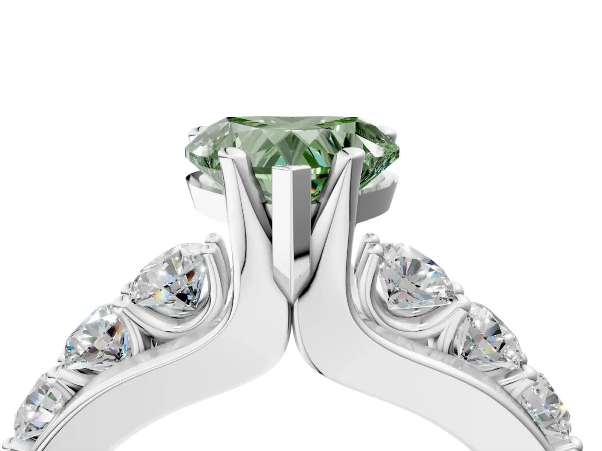 Fancy Green Heart Cut Brilliant Solitaire with Side Stones on a Pave Band and Four-Prong Setting Platinum