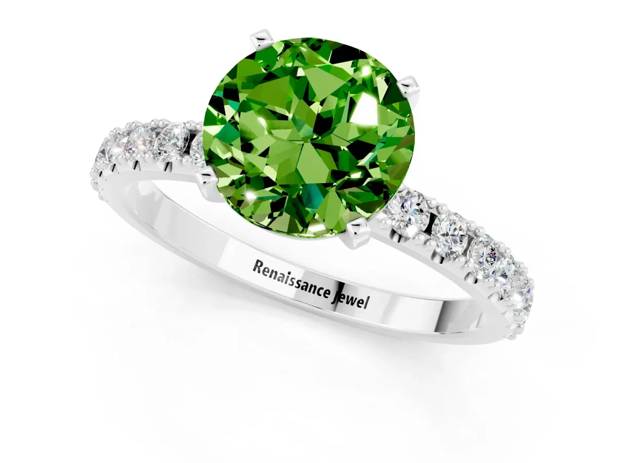 Round Cut Peridot Solitaire Pavé Band with Four-Prong Setting White gold