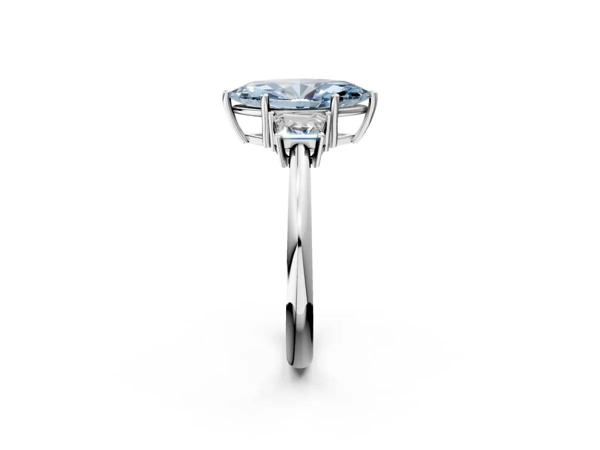 Fancy Blue Marquise Cut Diamond Three-Stone Ring with Trapezoid Side Stones and Prong Setting Platinum