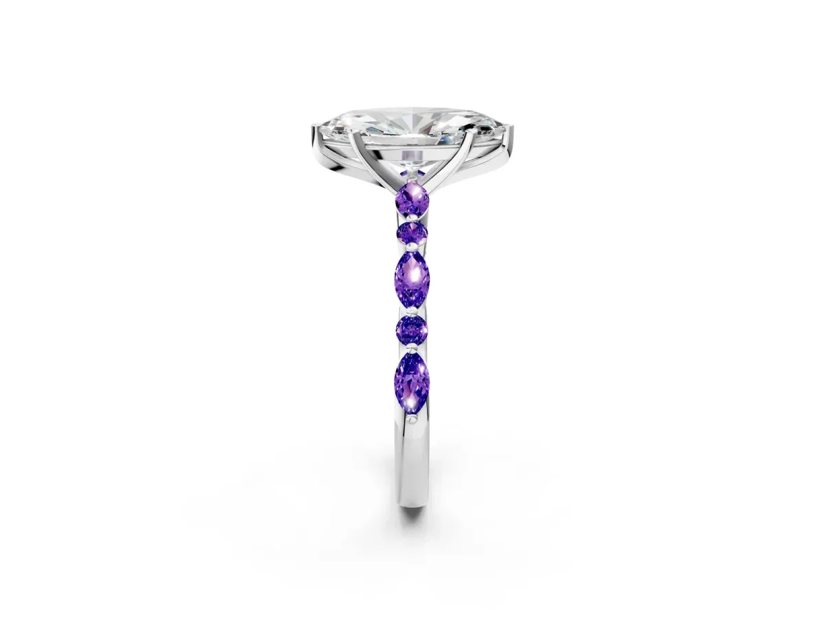 Marquise Cut Diamond Ring with Marquise and Round Tanzanite Side Stones and Four-Prong Setting White gold