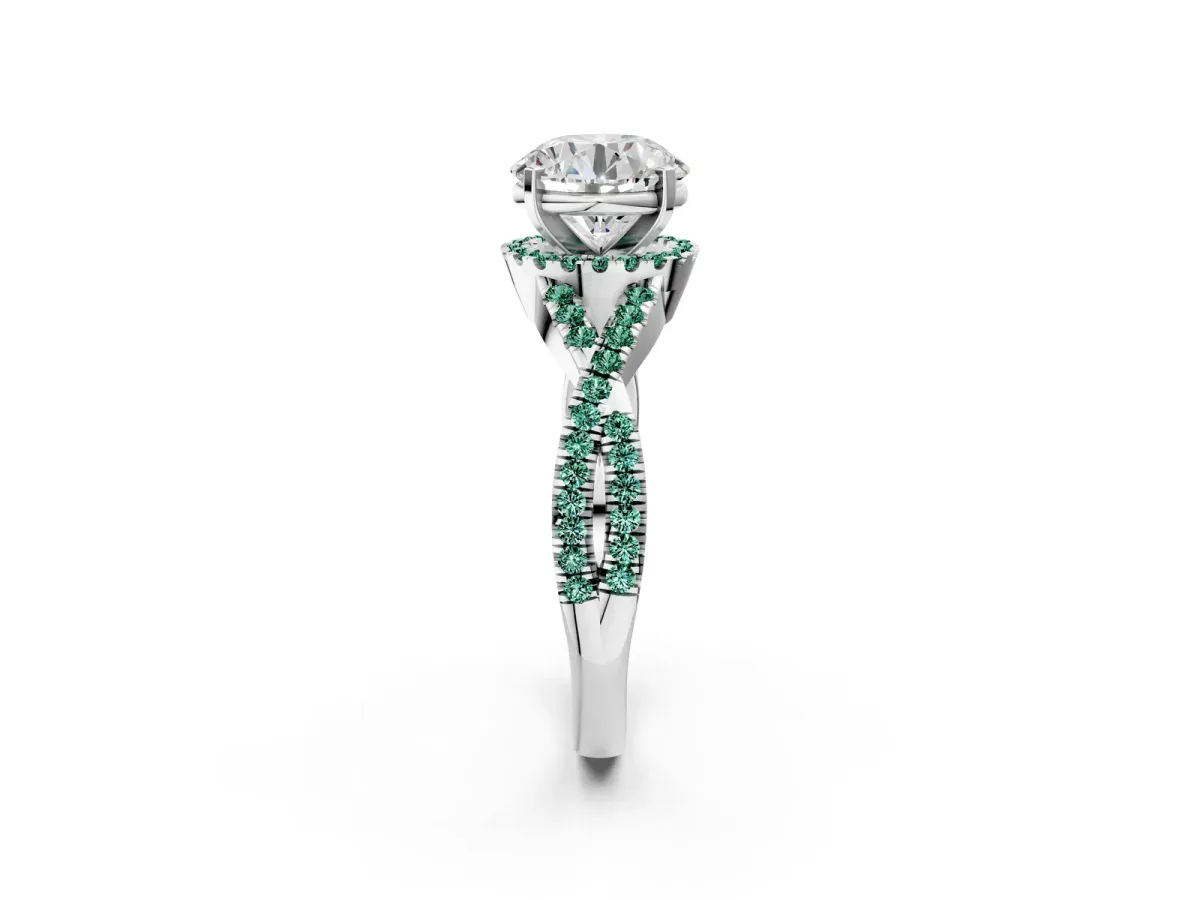 Round Cut Diamond Green Sapphire Halo Twist Band Solitaire Prong Setting Ring White gold