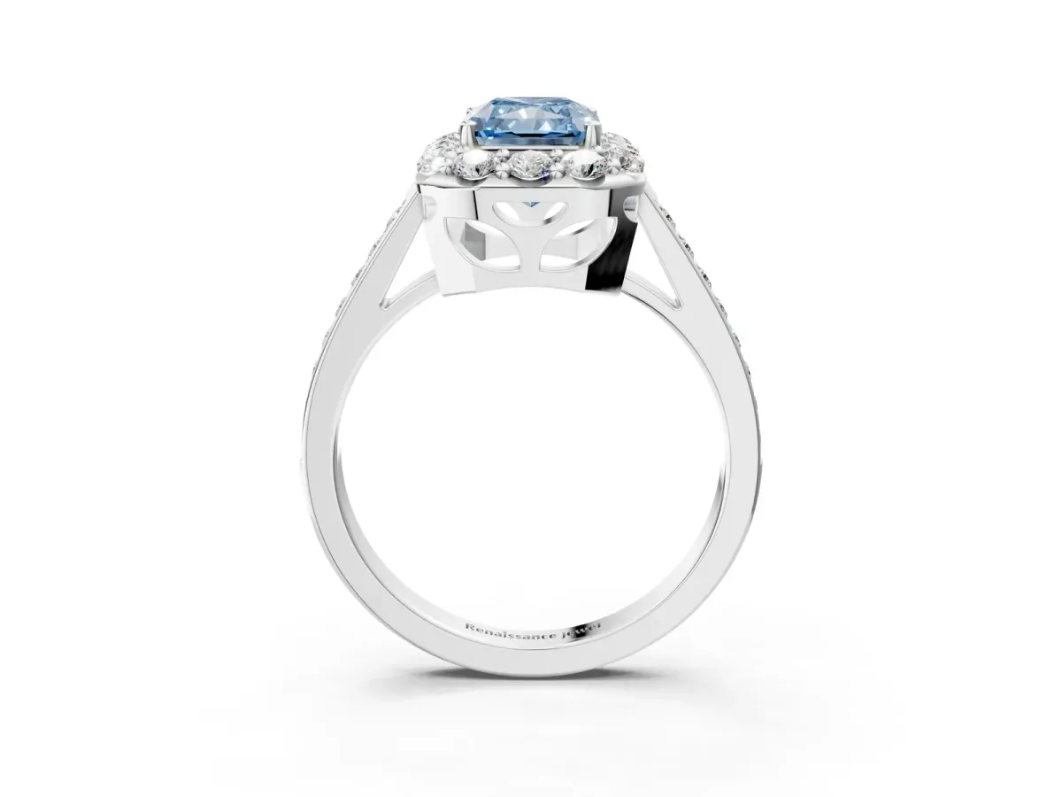 Fancy Blue Radiant Cut Diamond Floral Halo Ring with Pavé Band and Prong Setting Platinum
