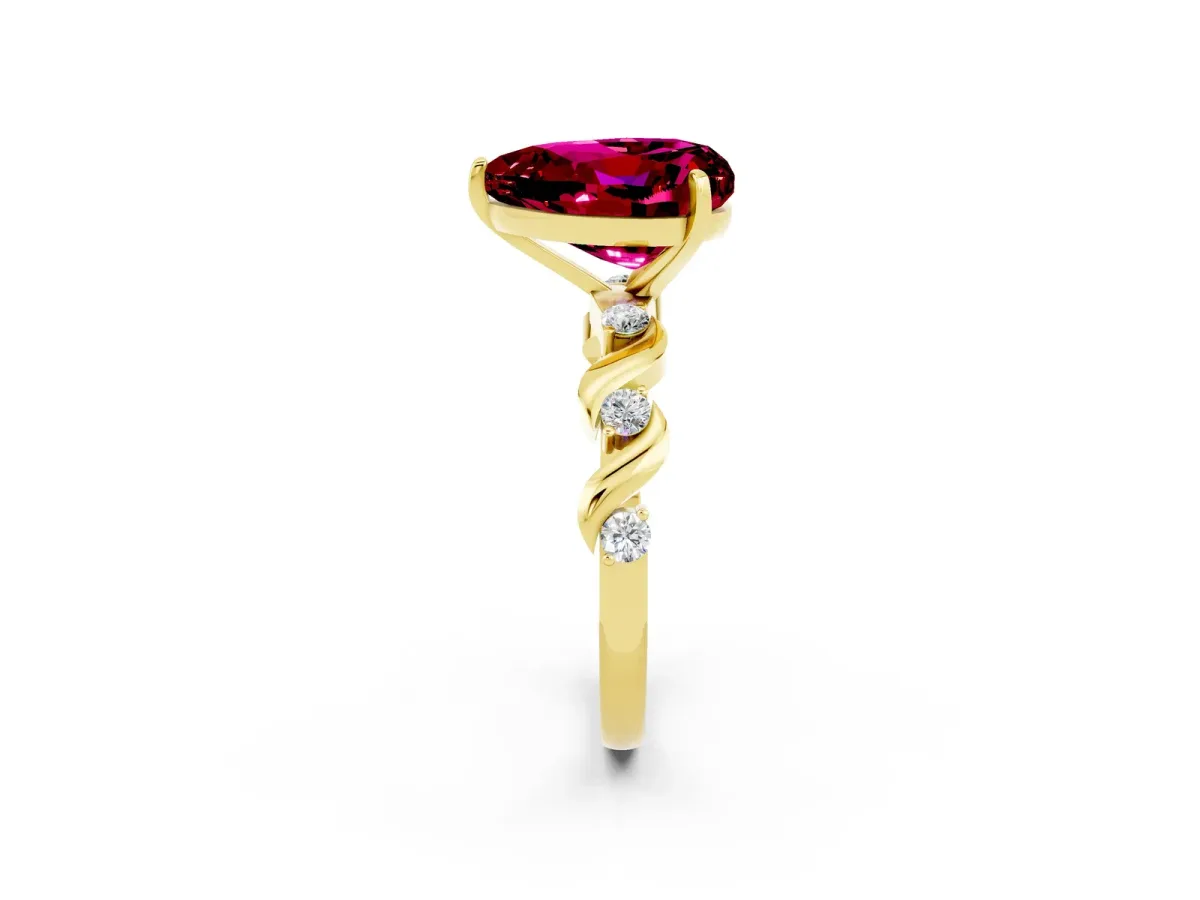 Heart Cut Garnet Solitaire Twisted Band with Round Accents and Prong Setting Yellow gold