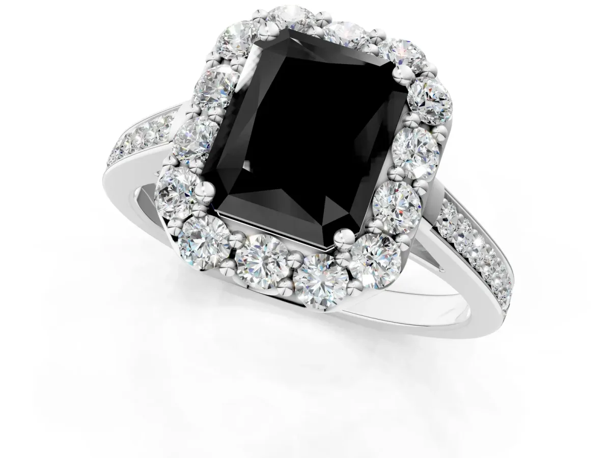 Fancy Black Radiant Cut Diamond Floral Halo Ring with Pavé Band and Prong Setting Platinum