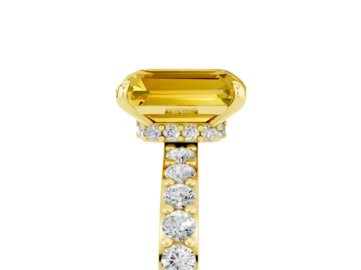 Emerald Cut Yellow Sapphire Solitaire Engagement Ring with Pavé Band and Four-Prong Setting Yellow gold
