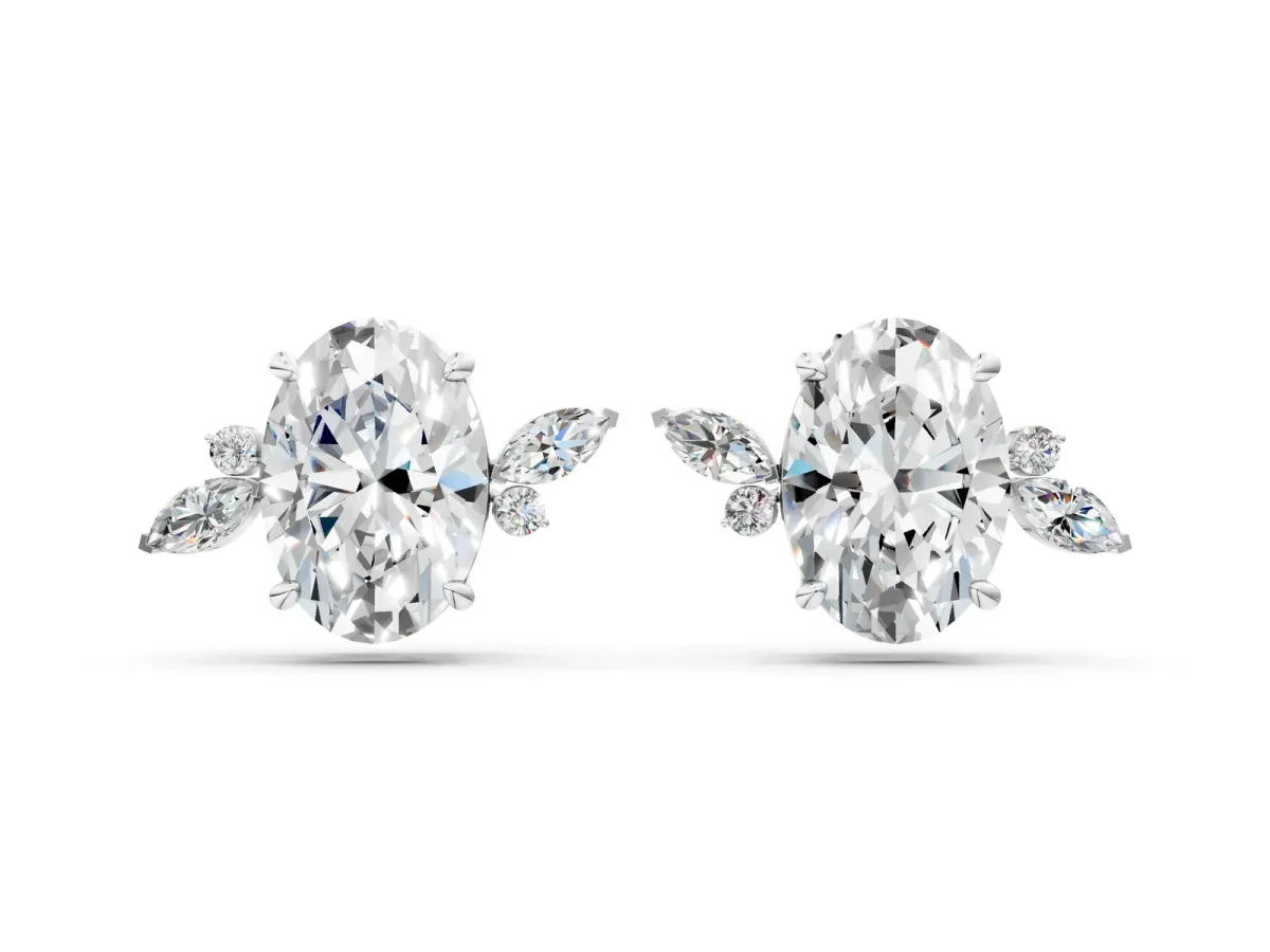 Oval Cut Diamond Nature-Inspired Stud Earrings with Marquise and Round Accents White gold