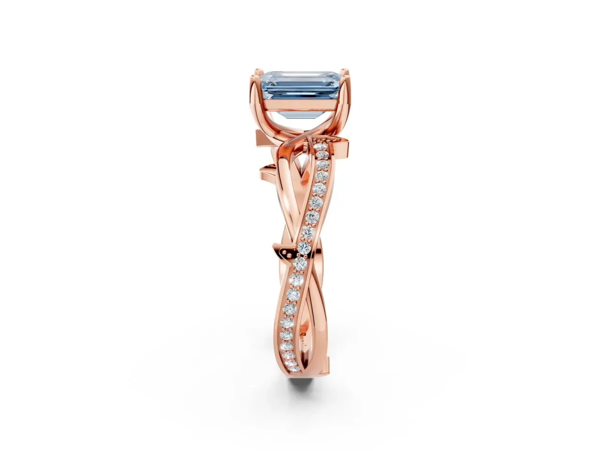 Fancy Blue Emerald Cut Solitaire Twist Band with Pavé Accents and Four-Prong Setting Rose gold