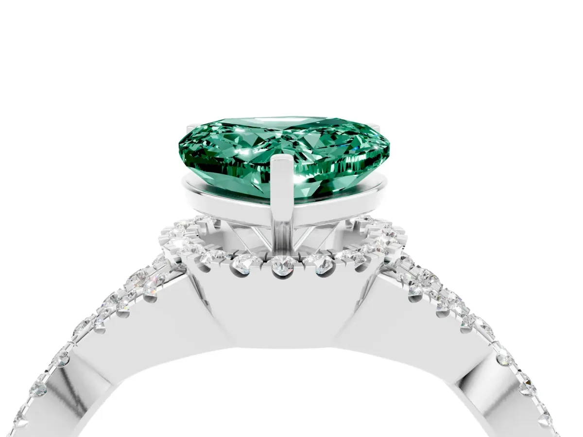 Heart Cut Green Sapphire Halo Twist Band Solitaire Prong Setting Ring White gold