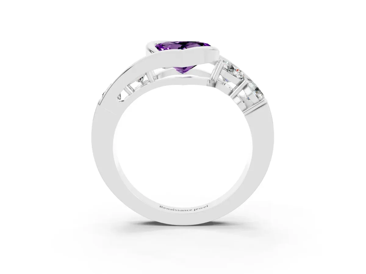 Bezel Set Heart Cut Amethyst Bypass Ring with Round Accents Silver