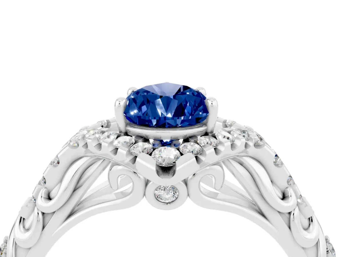 Pear Cut Blue Sapphire Solitaire Ring with Hidden Halo and Pavé Band White gold