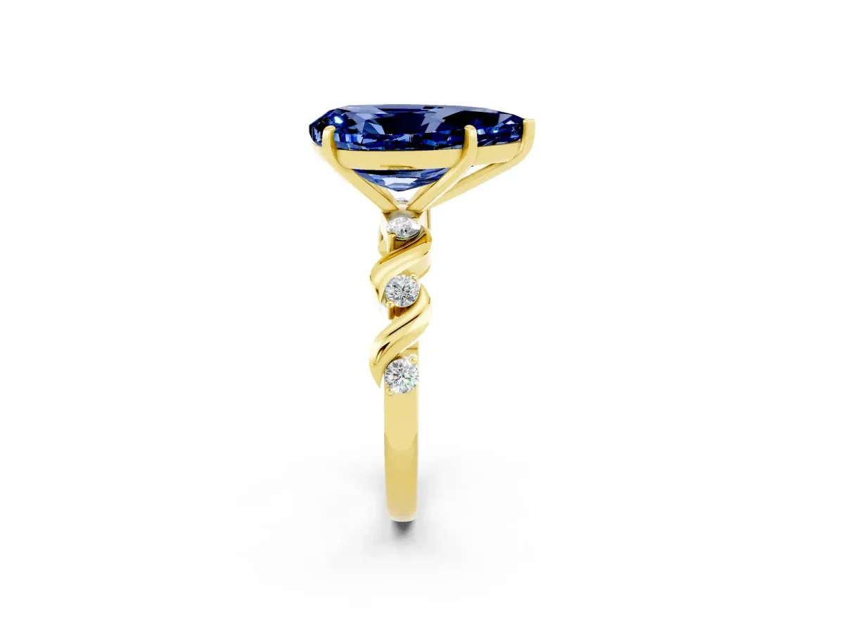 Pear Cut Blue Sapphire Solitaire Twisted Band with Round Accents and Prong Setting Yellow gold