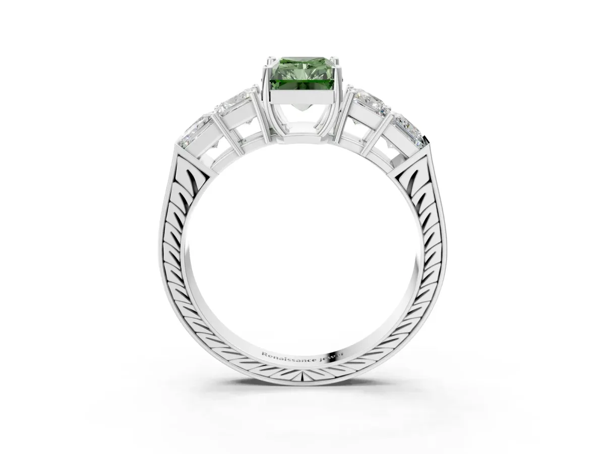 Fancy Green Radiant Cut Solitaire Princess Side Stone Engraved Band Prong Setting Ring Silver