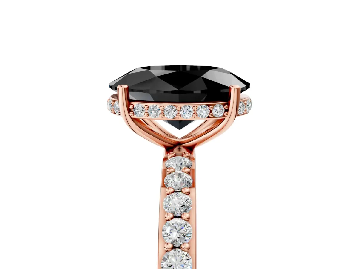 Fancy Black Oval Cut Diamond Solitaire Ring with Pavé Band and Hidden Halo Rose gold